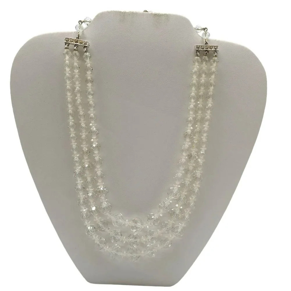 Laguna Diamond Cut Crystal Beaded Multi-Strand Necklace Silver Tone Vintage